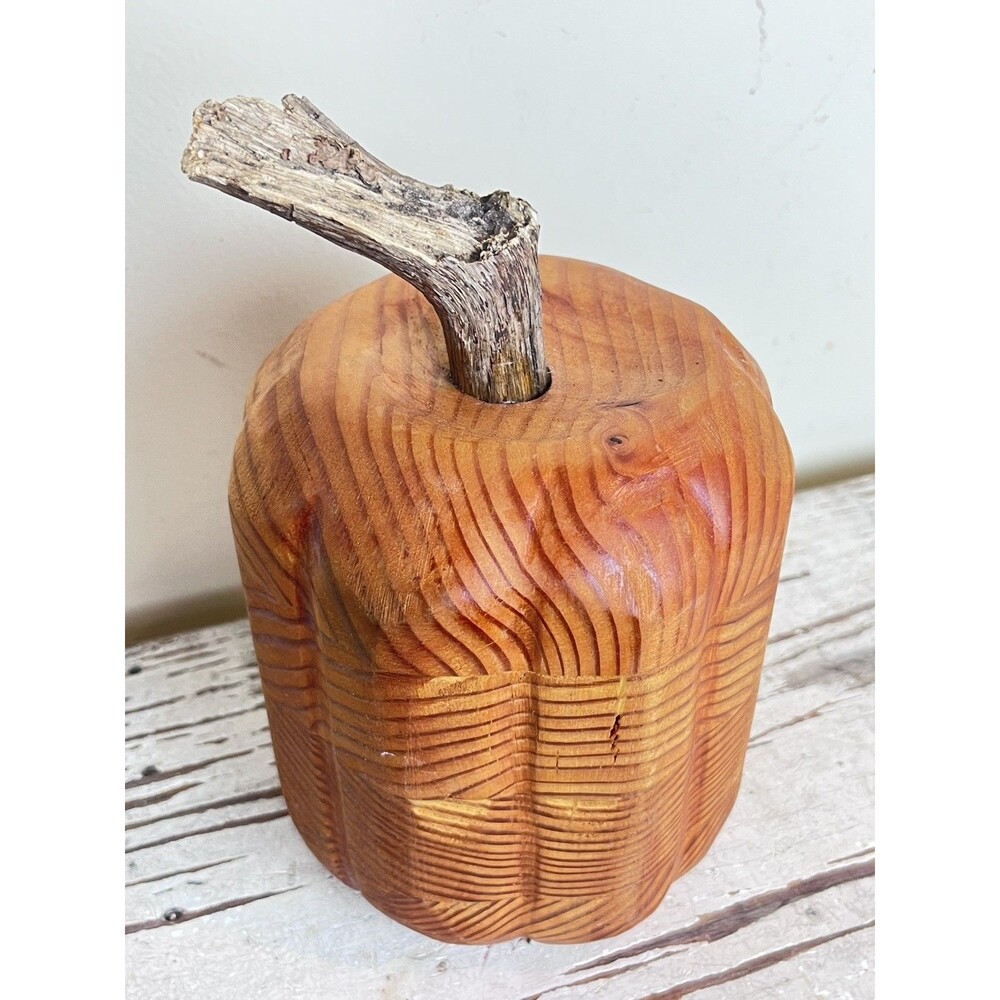 Textured Hand Carved Wooden Pumpkin 🎃 Natural Stem Hand Painted 9” x 5.5” Fall